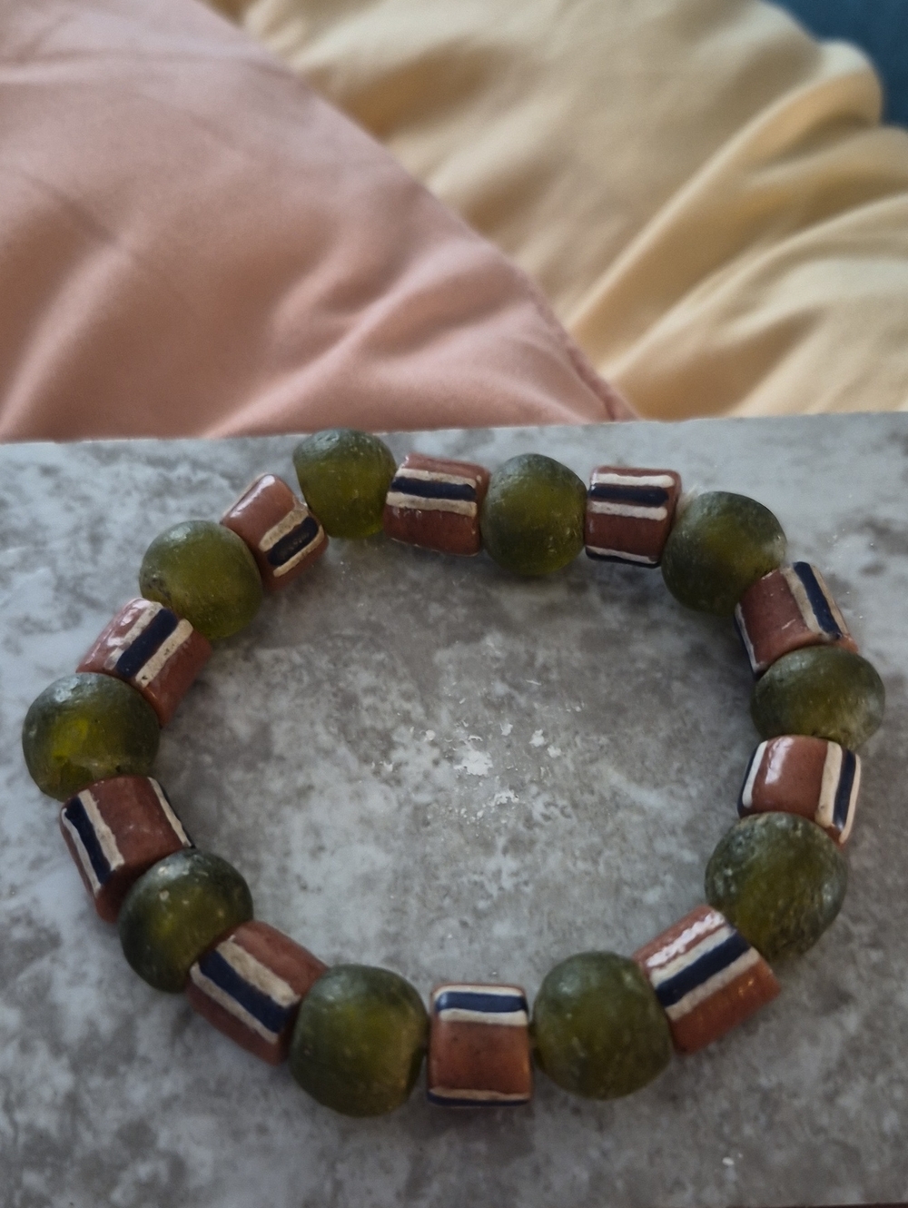 Vintage Handmade Olive Green & Terracotta Glass Bead Bracelet Ghana Africa